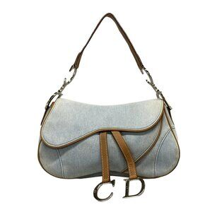 Auth DIOR/ChristianDior Double Saddle Bag Light Blue Beige Denim Leather Handbag